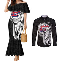 Personalized Hawaii King Kamehameha Couples Matching Mermaid Dress and Long Sleeve Button Shirt Flag Polynesian Pattern LT01 Black - Polynesian Pride