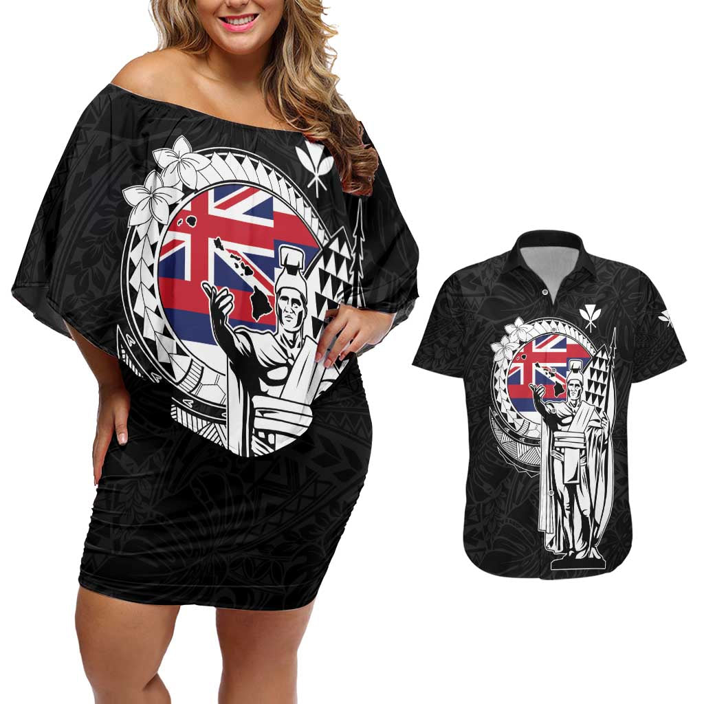 Personalized Hawaii King Kamehameha Couples Matching Off Shoulder Short Dress and Hawaiian Shirt Flag Polynesian Pattern LT01 Black - Polynesian Pride
