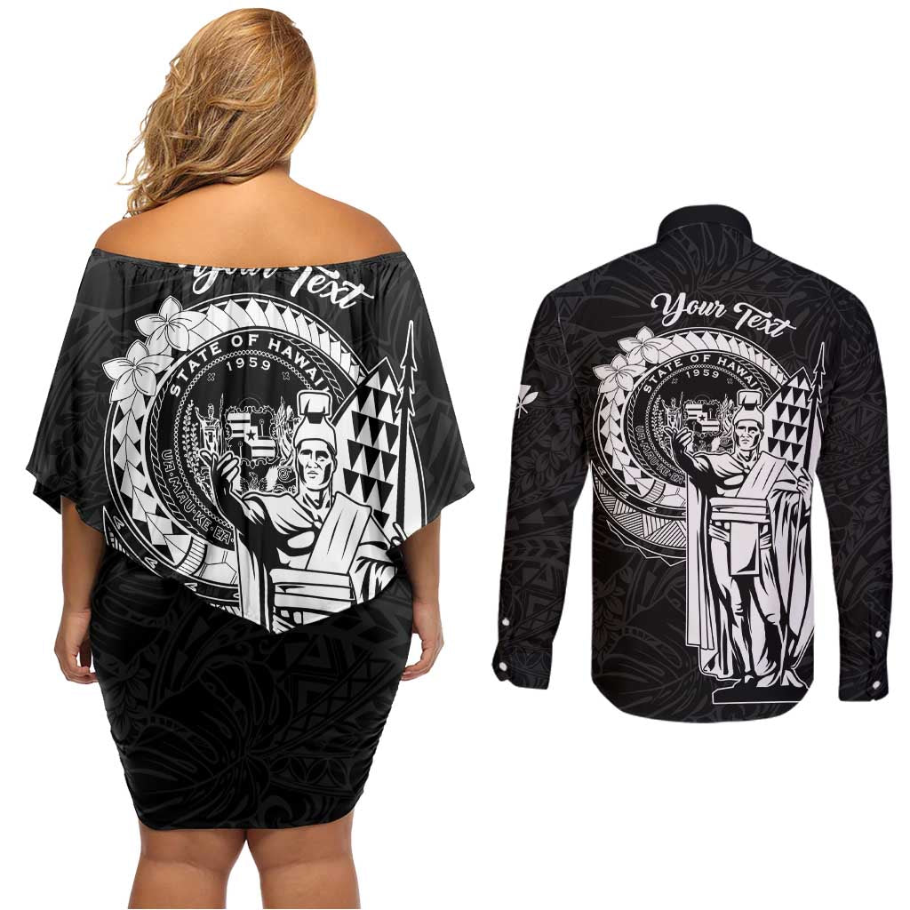Personalized Hawaii King Kamehameha Couples Matching Off Shoulder Short Dress and Long Sleeve Button Shirt Flag Polynesian Pattern LT01 - Polynesian Pride