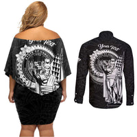 Personalized Hawaii King Kamehameha Couples Matching Off Shoulder Short Dress and Long Sleeve Button Shirt Flag Polynesian Pattern LT01 - Polynesian Pride