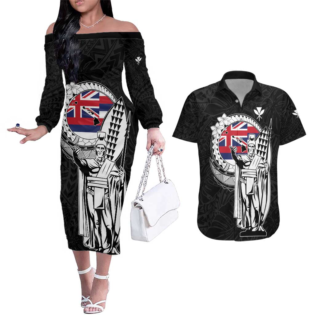 Personalized Hawaii King Kamehameha Couples Matching Off The Shoulder Long Sleeve Dress and Hawaiian Shirt Flag Polynesian Pattern LT01 Black - Polynesian Pride
