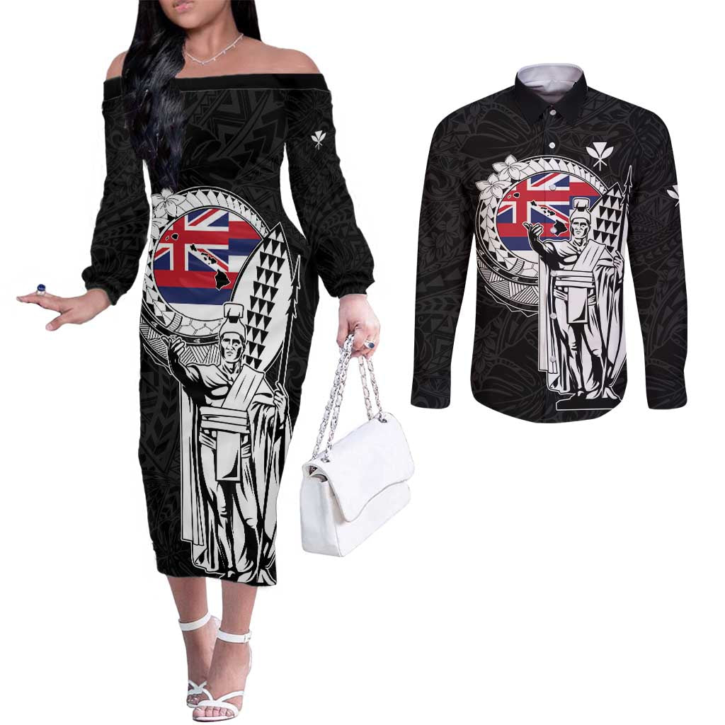 Personalized Hawaii King Kamehameha Couples Matching Off The Shoulder Long Sleeve Dress and Long Sleeve Button Shirt Flag Polynesian Pattern LT01 Black - Polynesian Pride