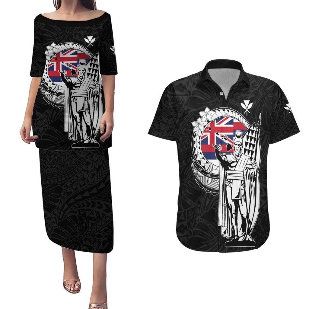 Personalized Hawaii King Kamehameha Couples Matching Puletasi and Hawaiian Shirt Flag Polynesian Pattern LT01 Black - Polynesian Pride
