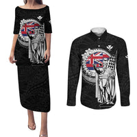 Personalized Hawaii King Kamehameha Couples Matching Puletasi and Long Sleeve Button Shirt Flag Polynesian Pattern LT01 Black - Polynesian Pride