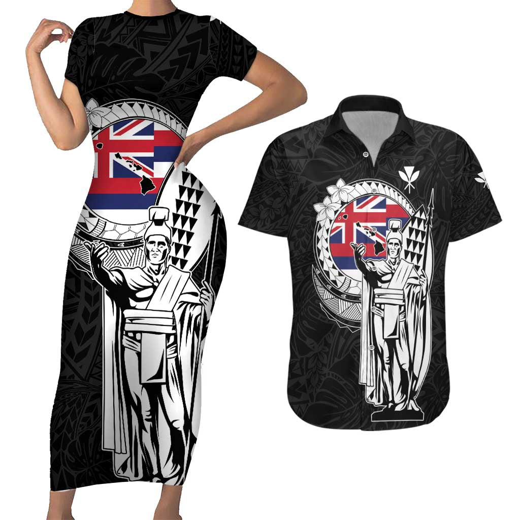 Personalized Hawaii King Kamehameha Couples Matching Short Sleeve Bodycon Dress and Hawaiian Shirt Flag Polynesian Pattern LT01 Black - Polynesian Pride
