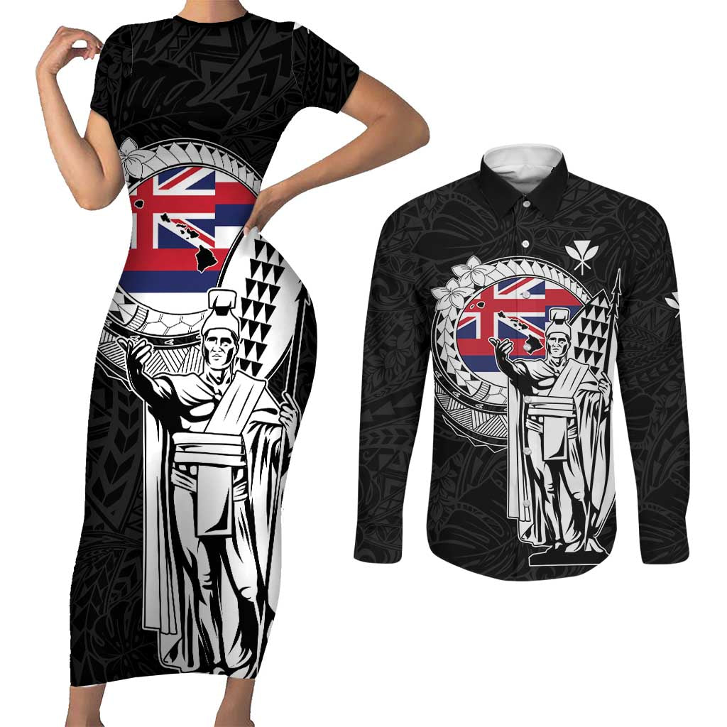 Personalized Hawaii King Kamehameha Couples Matching Short Sleeve Bodycon Dress and Long Sleeve Button Shirt Flag Polynesian Pattern LT01 Black - Polynesian Pride
