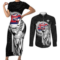 Personalized Hawaii King Kamehameha Couples Matching Short Sleeve Bodycon Dress and Long Sleeve Button Shirt Flag Polynesian Pattern LT01 Black - Polynesian Pride