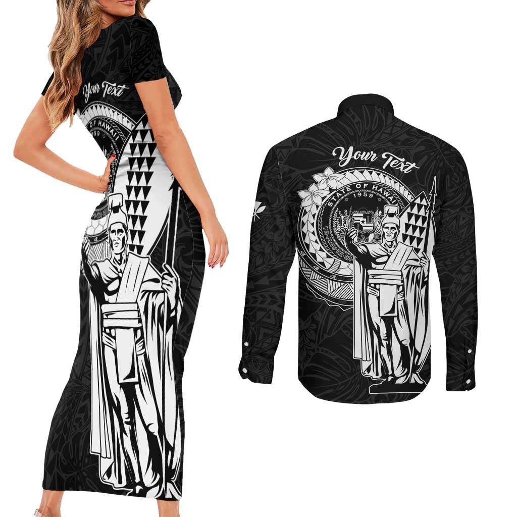 Personalized Hawaii King Kamehameha Couples Matching Short Sleeve Bodycon Dress and Long Sleeve Button Shirt Flag Polynesian Pattern LT01 - Polynesian Pride