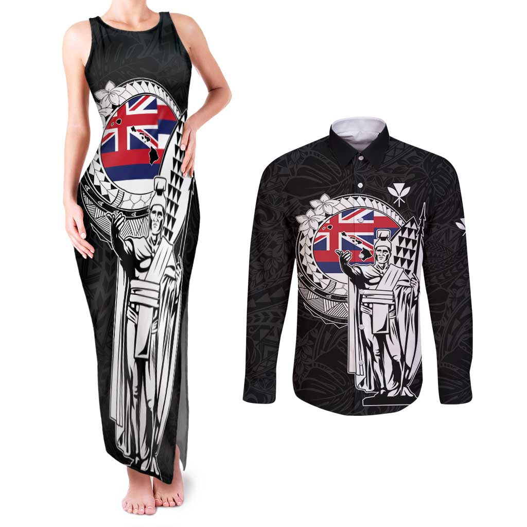 Personalized Hawaii King Kamehameha Couples Matching Tank Maxi Dress and Long Sleeve Button Shirt Flag Polynesian Pattern LT01 Black - Polynesian Pride