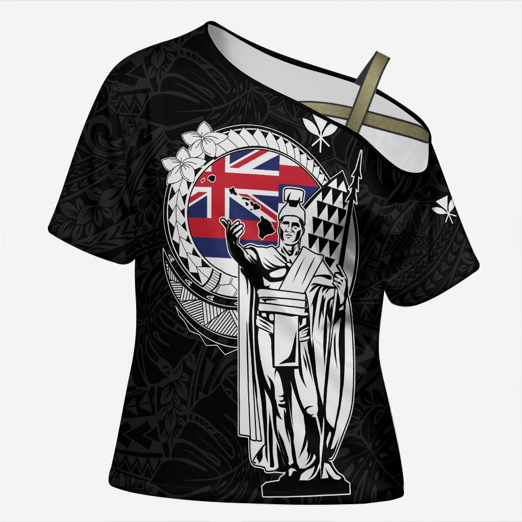 Personalized Hawaii King Kamehameha Cross Shoulder Shirt Flag Polynesian Pattern LT01 Female Black - Polynesian Pride
