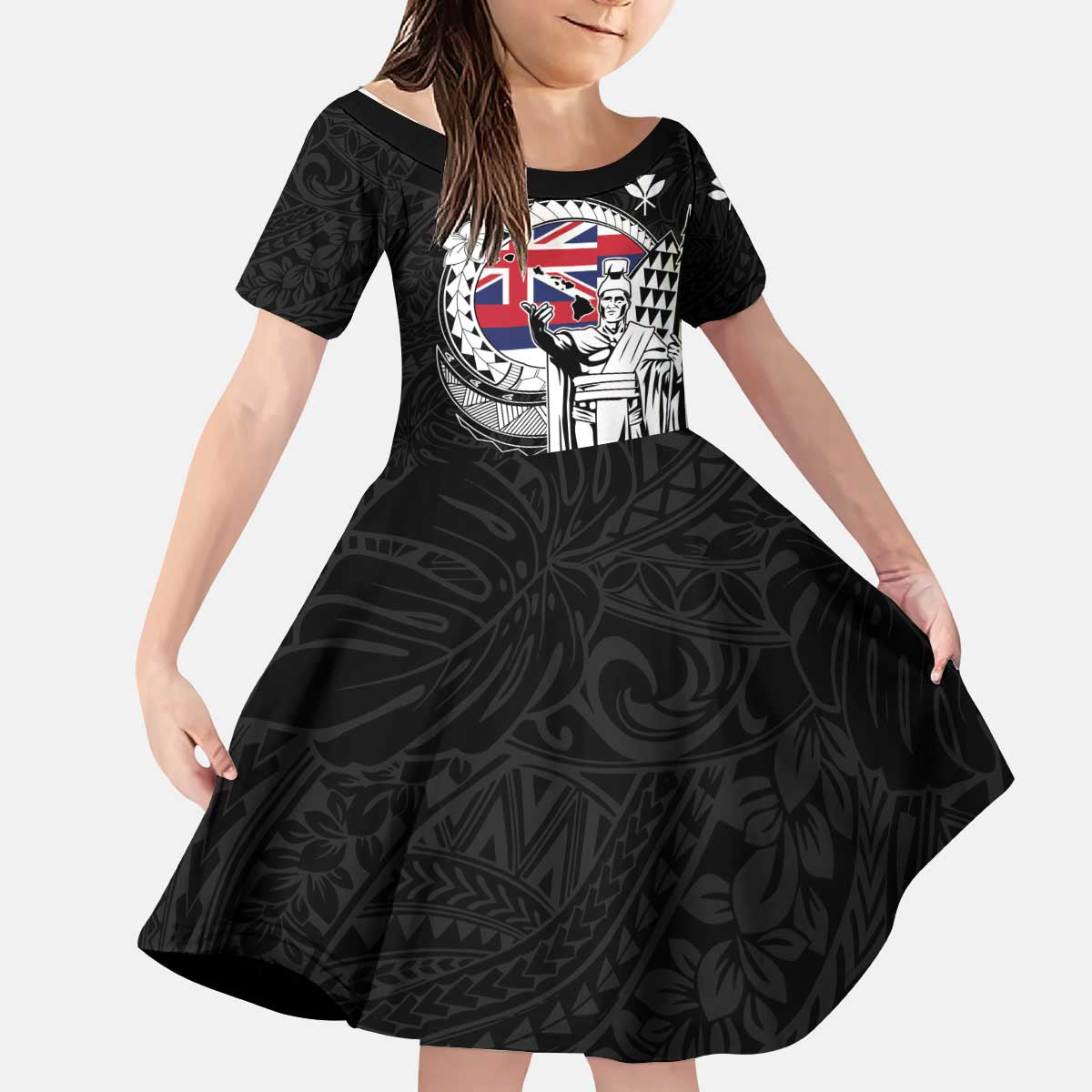 Personalized Hawaii King Kamehameha Kid Short Sleeve Dress Flag Polynesian Pattern