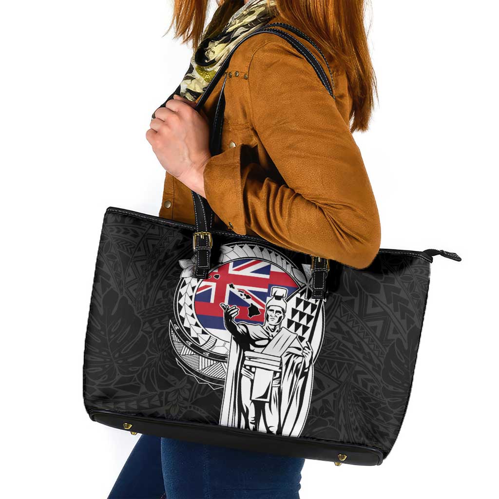 Hawaii King Kamehameha Leather Tote Bag Flag Polynesian Pattern LT01 Black - Polynesian Pride
