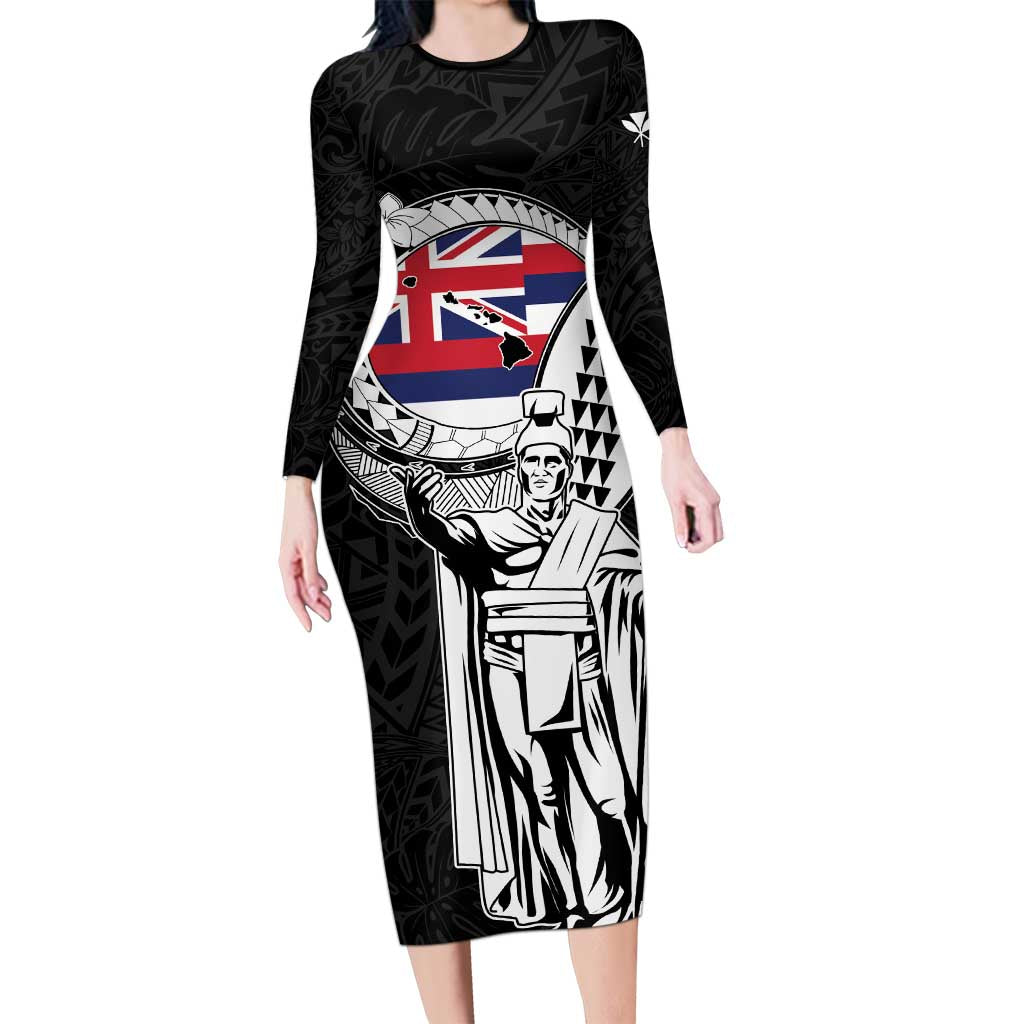 Personalized Hawaii King Kamehameha Long Sleeve Bodycon Dress Flag Polynesian Pattern LT01 Long Dress Black - Polynesian Pride