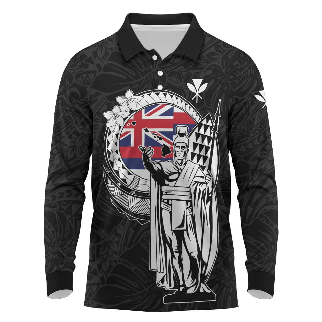 Personalized Hawaii King Kamehameha Long Sleeve Polo Shirt Flag Polynesian Pattern LT01 Black - Polynesian Pride