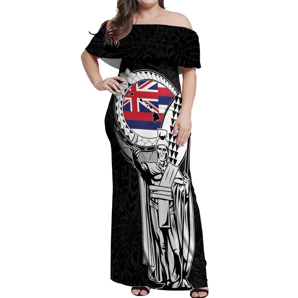Personalized Hawaii King Kamehameha Off Shoulder Maxi Dress Flag Polynesian Pattern LT01 Women Black - Polynesian Pride