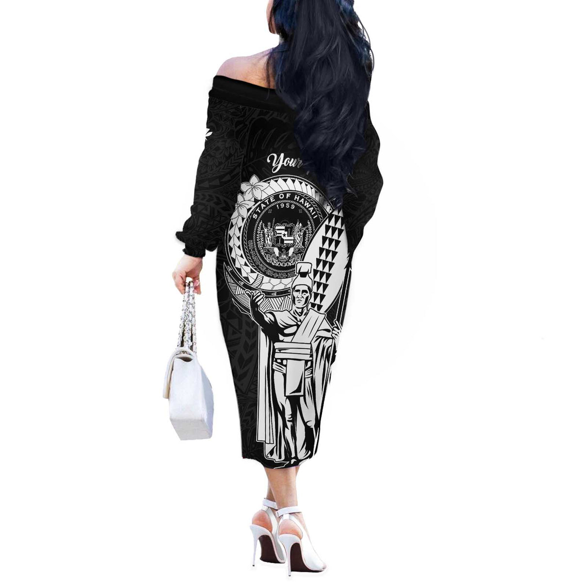 Personalized Hawaii King Kamehameha Off The Shoulder Long Sleeve Dress Flag Polynesian Pattern LT01 - Polynesian Pride