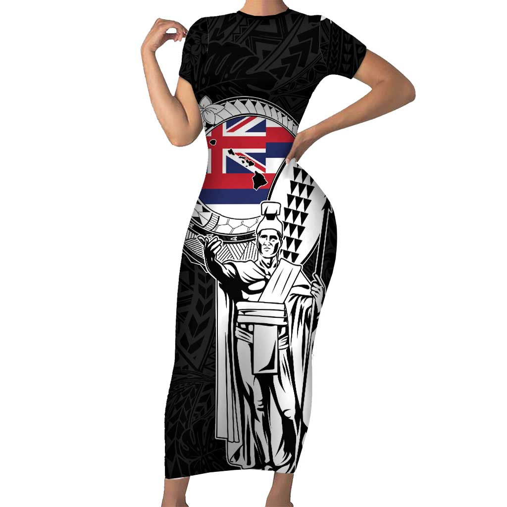 Personalized Hawaii King Kamehameha Short Sleeve Bodycon Dress Flag Polynesian Pattern LT01 Long Dress Black - Polynesian Pride