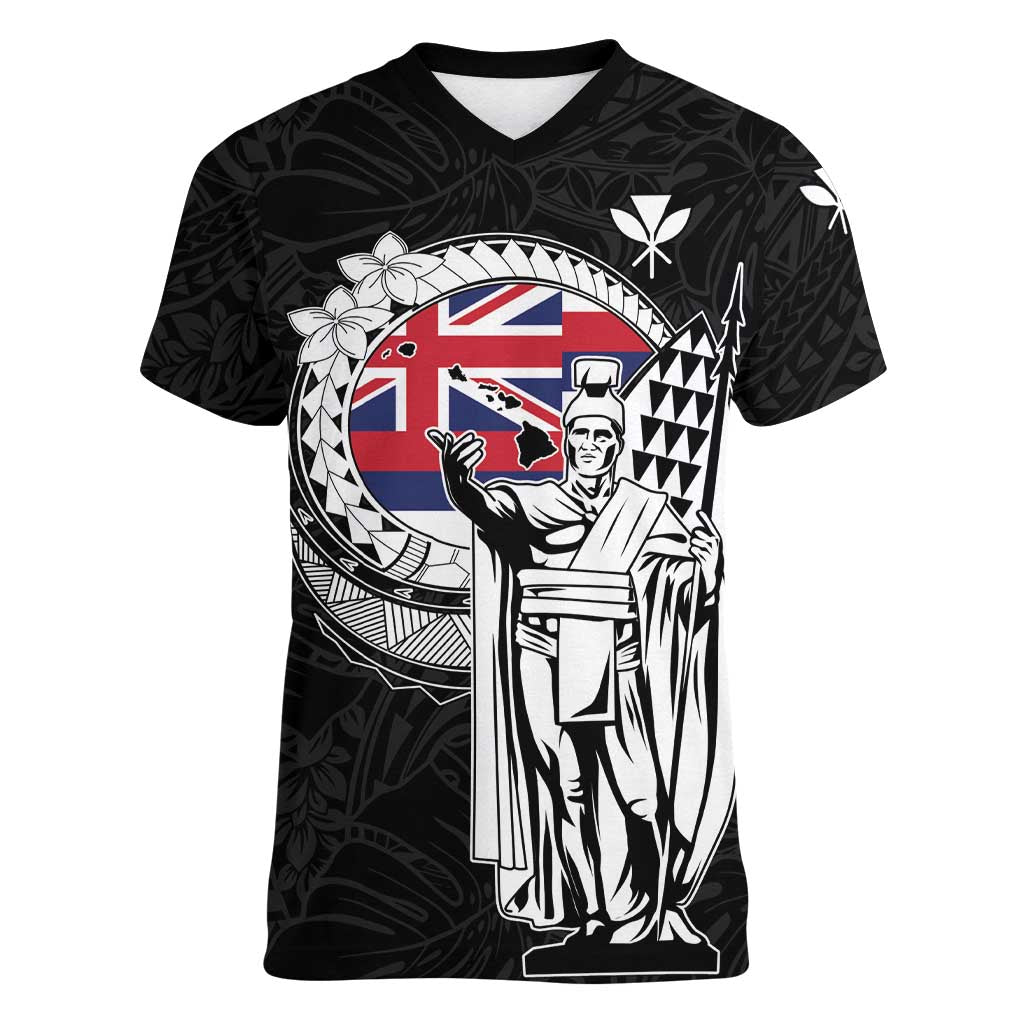 Personalized Hawaii King Kamehameha Women V-Neck T-Shirt Flag Polynesian Pattern LT01 Female Black - Polynesian Pride