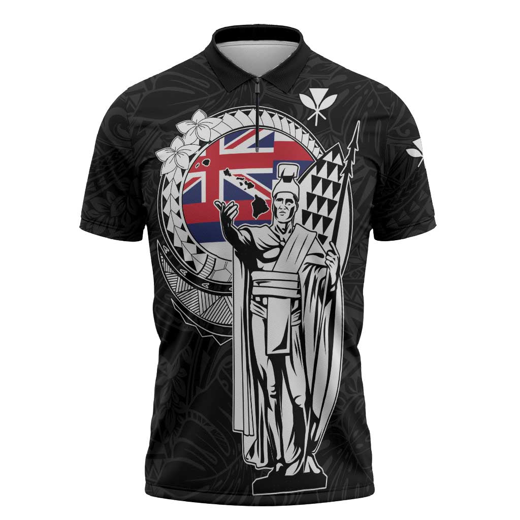 Personalized Hawaii King Kamehameha Zipper Polo Shirt Flag Polynesian Pattern LT01 Black - Polynesian Pride