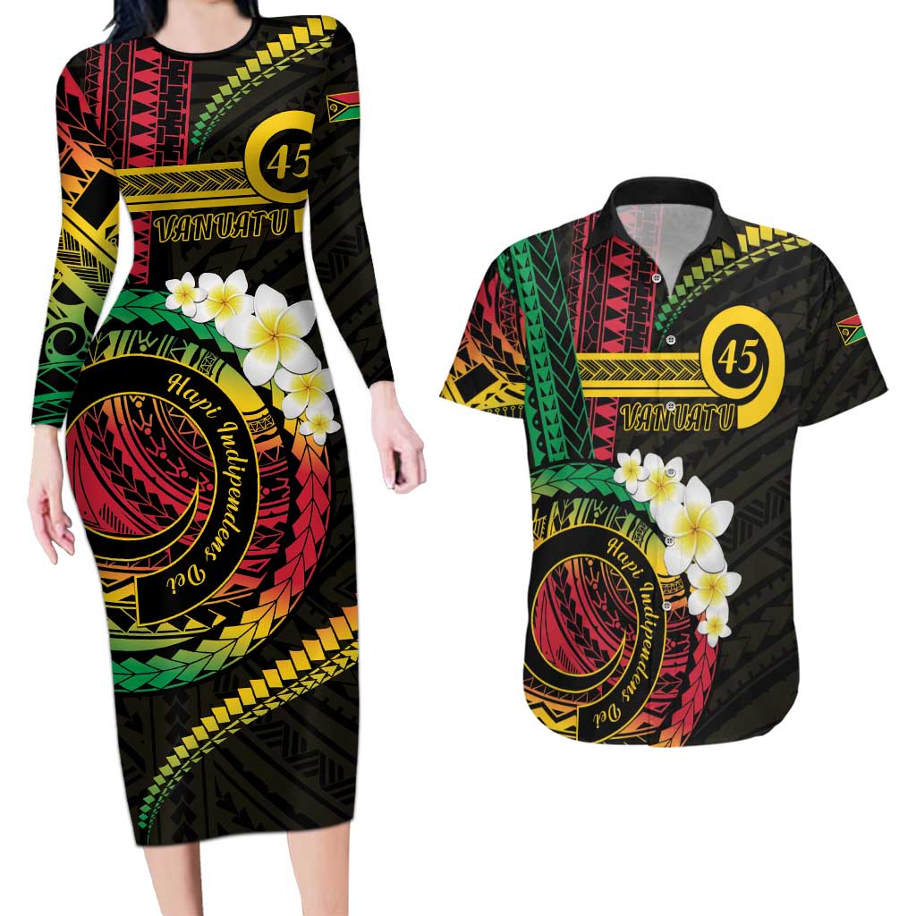 Vanuatu Independence Day Couples Matching Long Sleeve Bodycon Dress and Hawaiian Shirt Yumi 45th Hapi Indipendens Dei LT01 Black - Polynesian Pride