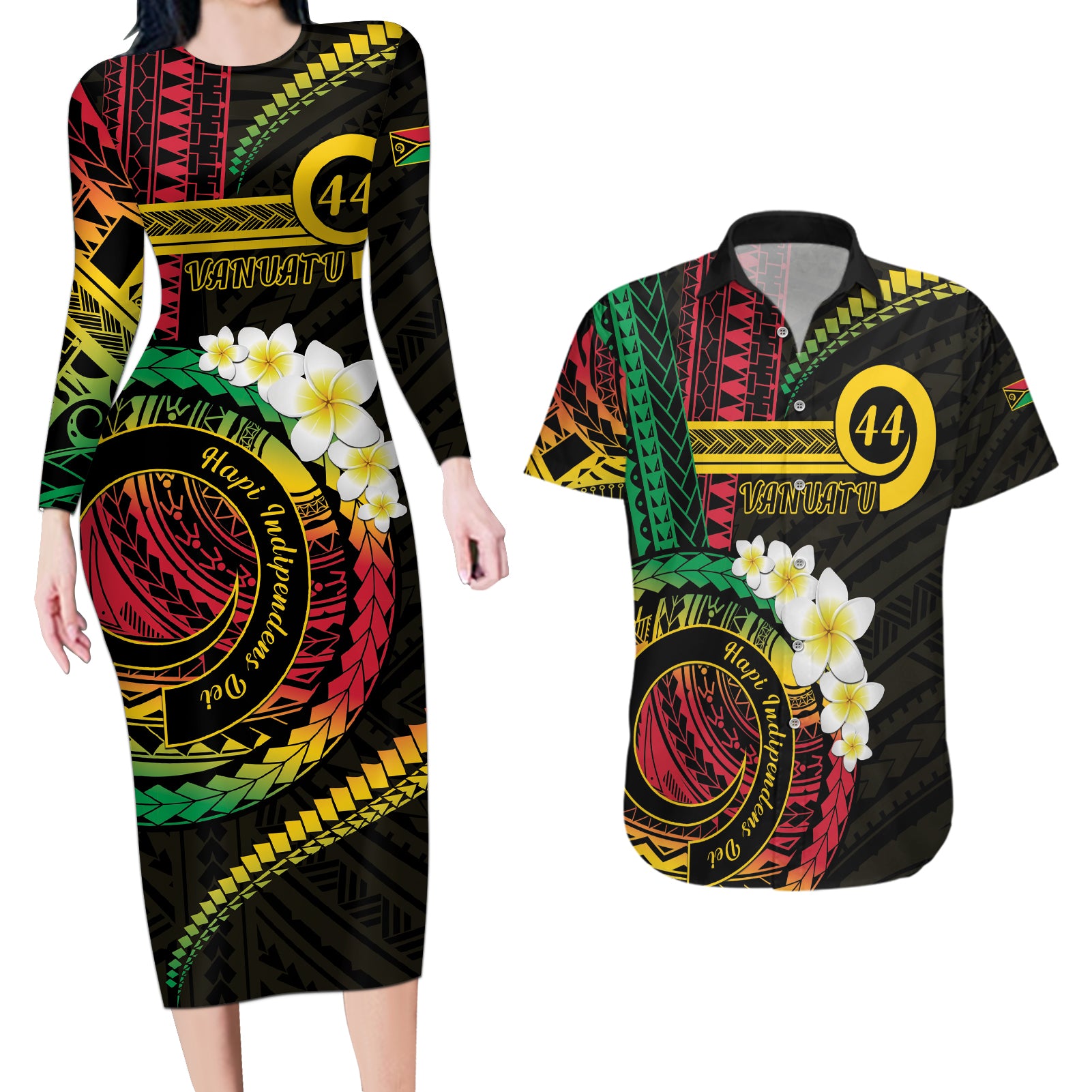 Vanuatu Independence Day Couples Matching Long Sleeve Bodycon Dress and Hawaiian Shirt Yumi 44th Hapi Indipendens Dei