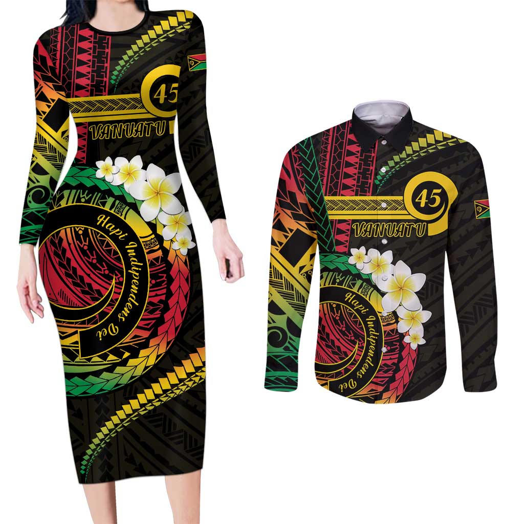 Vanuatu Independence Day Couples Matching Long Sleeve Bodycon Dress and Long Sleeve Button Shirt Yumi 45th Hapi Indipendens Dei LT01 Black - Polynesian Pride
