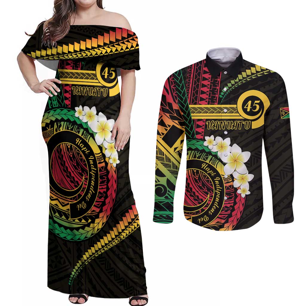 Vanuatu Independence Day Couples Matching Off Shoulder Maxi Dress and Long Sleeve Button Shirt Yumi 45th Hapi Indipendens Dei LT01 Black - Polynesian Pride