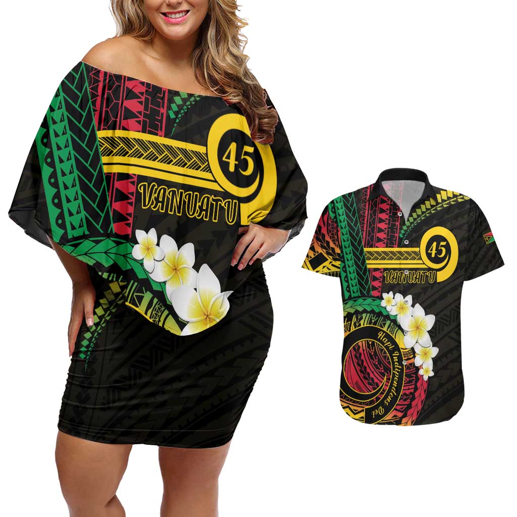 Vanuatu Independence Day Couples Matching Off Shoulder Short Dress and Hawaiian Shirt Yumi 45th Hapi Indipendens Dei LT01 Black - Polynesian Pride