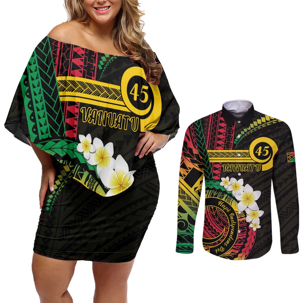 Vanuatu Independence Day Couples Matching Off Shoulder Short Dress and Long Sleeve Button Shirt Yumi 45th Hapi Indipendens Dei LT01 Black - Polynesian Pride