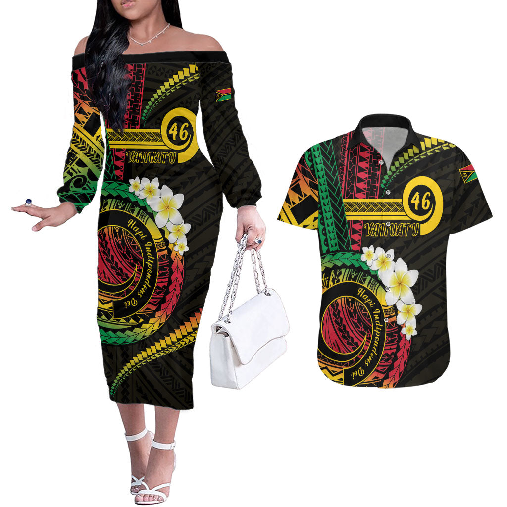 Vanuatu Independence Day Couples Matching Off The Shoulder Long Sleeve Dress and Hawaiian Shirt Yumi 46th Hapi Indipendens Dei LT01 Black - Polynesian Pride