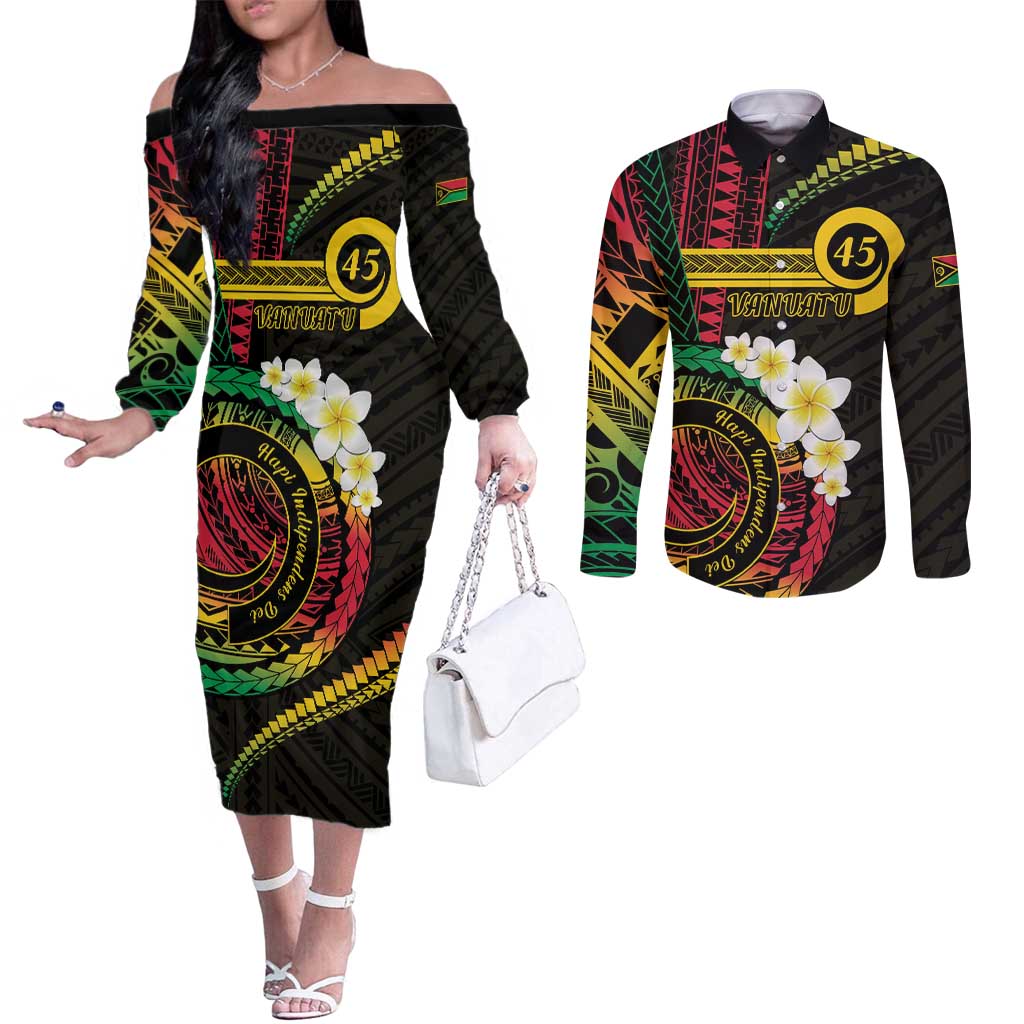 Vanuatu Independence Day Couples Matching Off The Shoulder Long Sleeve Dress and Long Sleeve Button Shirt Yumi 45th Hapi Indipendens Dei LT01 Black - Polynesian Pride