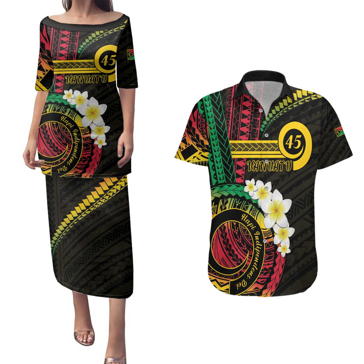 Vanuatu Independence Day Couples Matching Puletasi and Hawaiian Shirt Yumi 45th Hapi Indipendens Dei LT01 Black - Polynesian Pride