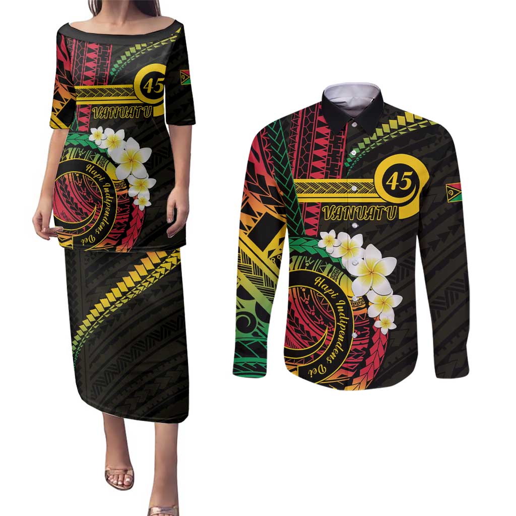 Vanuatu Independence Day Couples Matching Puletasi and Long Sleeve Button Shirt Yumi 45th Hapi Indipendens Dei LT01 Black - Polynesian Pride