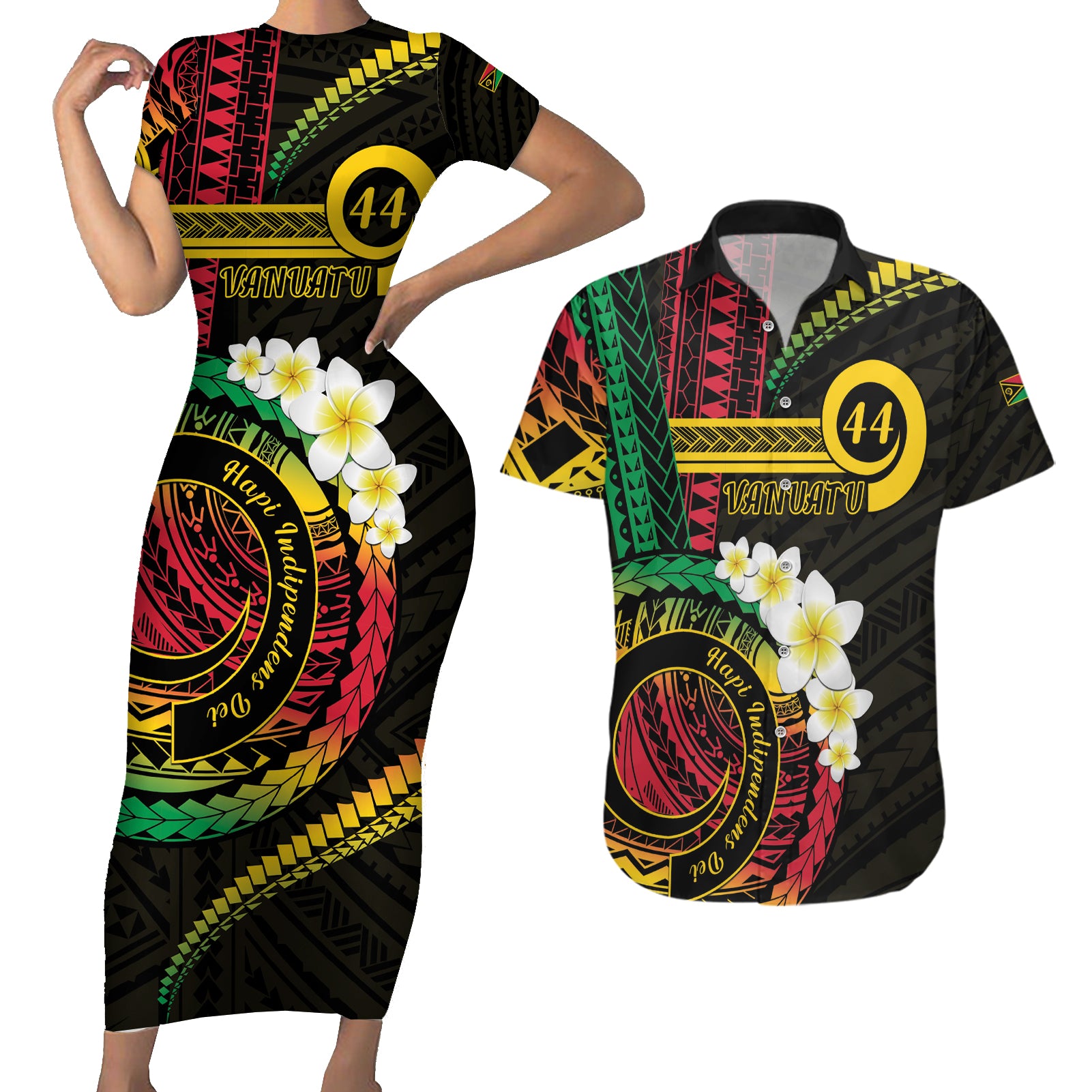 Vanuatu Independence Day Couples Matching Short Sleeve Bodycon Dress and Hawaiian Shirt Yumi 44th Hapi Indipendens Dei