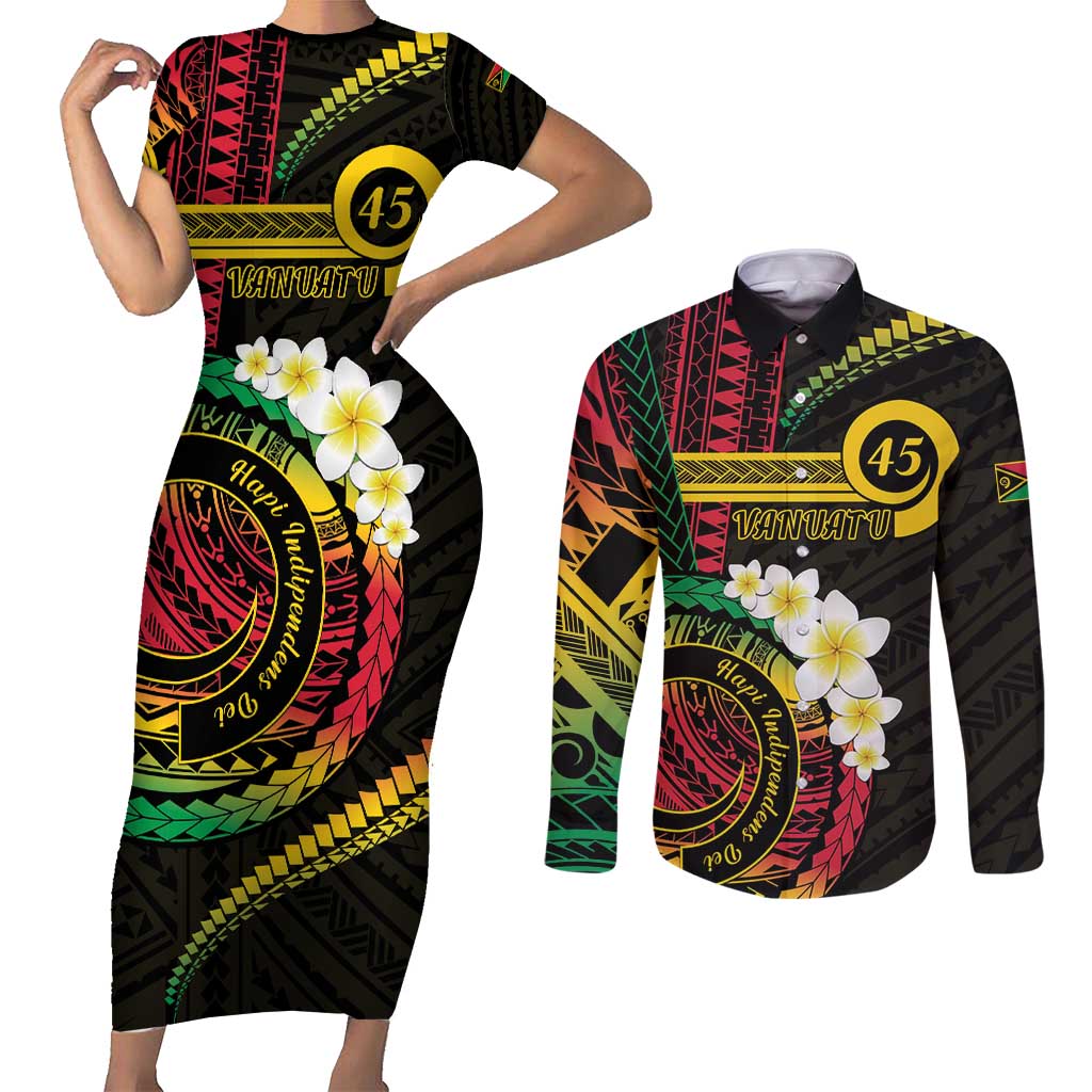 Vanuatu Independence Day Couples Matching Short Sleeve Bodycon Dress and Long Sleeve Button Shirt Yumi 45th Hapi Indipendens Dei LT01 Black - Polynesian Pride