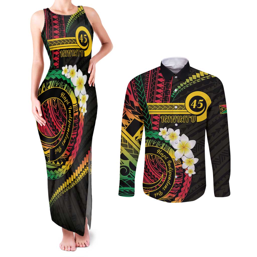 Vanuatu Independence Day Couples Matching Tank Maxi Dress and Long Sleeve Button Shirt Yumi 45th Hapi Indipendens Dei LT01 Black - Polynesian Pride