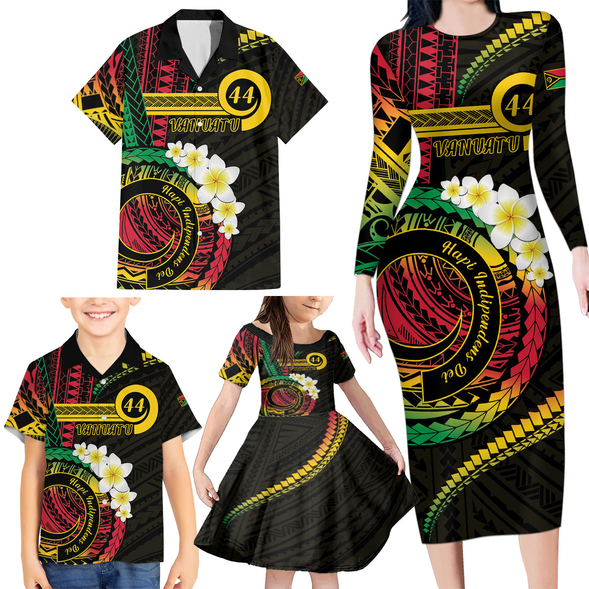 Vanuatu Independence Day Family Matching Long Sleeve Bodycon Dress and Hawaiian Shirt Yumi 44th Hapi Indipendens Dei