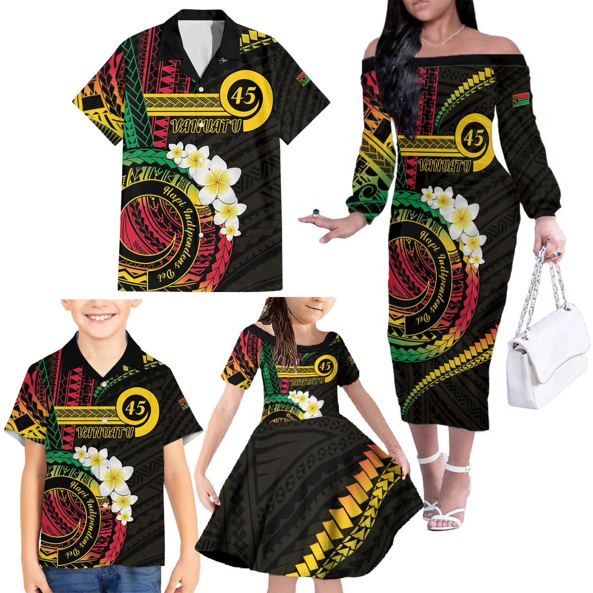 Vanuatu Independence Day Family Matching Off The Shoulder Long Sleeve Dress and Hawaiian Shirt Yumi 45th Hapi Indipendens Dei LT01 - Polynesian Pride
