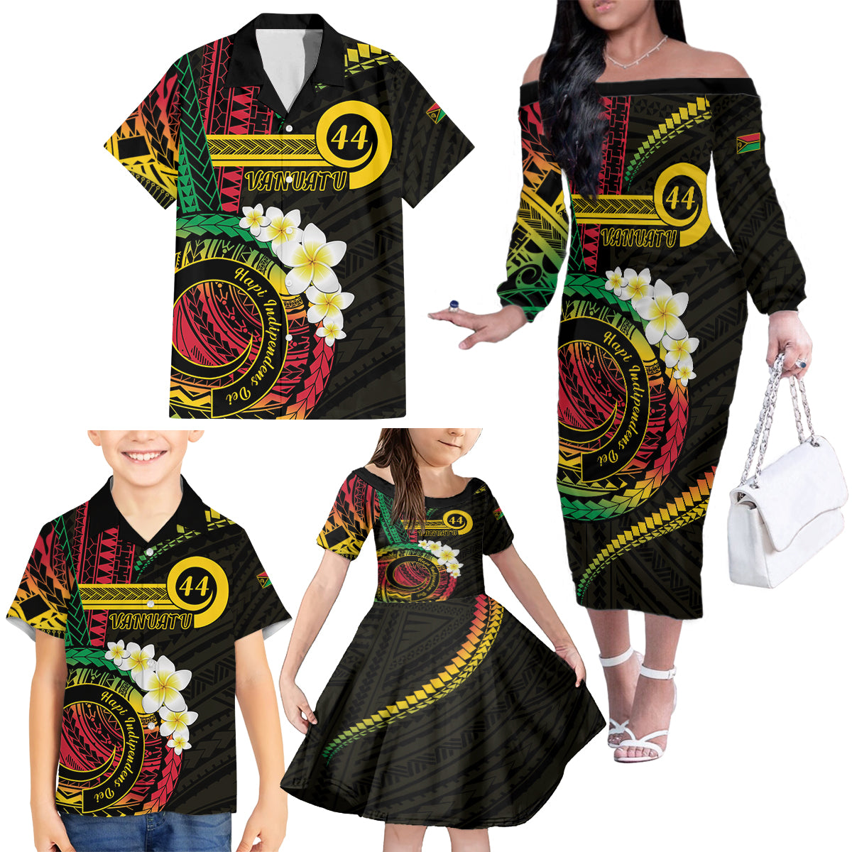 Vanuatu Independence Day Family Matching Off The Shoulder Long Sleeve Dress and Hawaiian Shirt Yumi 44th Hapi Indipendens Dei