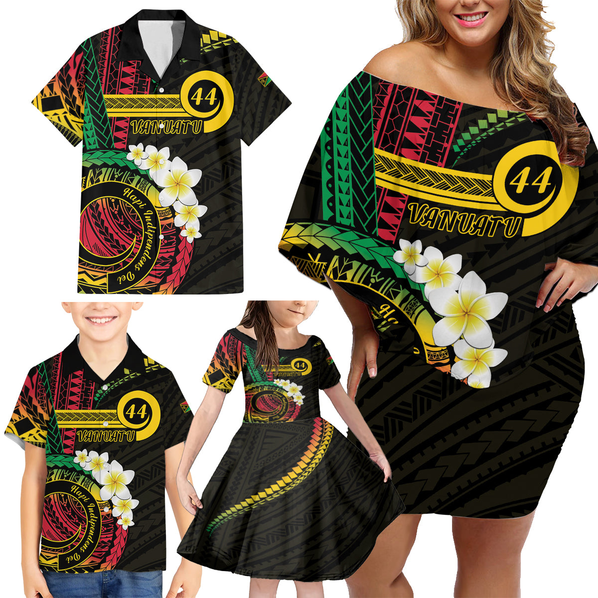 Vanuatu Independence Day Family Matching Off Shoulder Short Dress and Hawaiian Shirt Yumi 44th Hapi Indipendens Dei