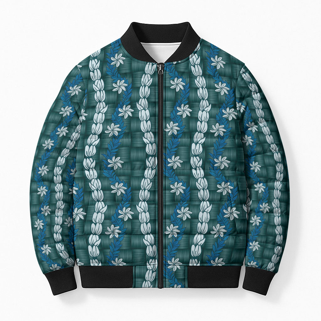 Pikake Maile Tiare Lei Bomber Puffer Jacket Polu Lauhala Pattern LT01 Unisex Blue - Polynesian Pride