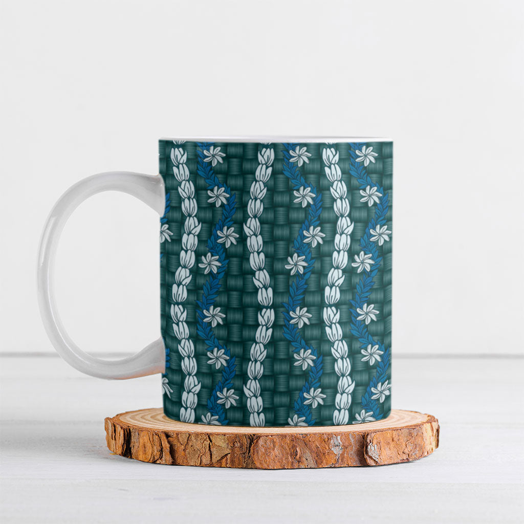 Pikake Maile Tiare Lei Ceramic Mug Polu Lauhala Pattern LT01 Blue - Polynesian Pride
