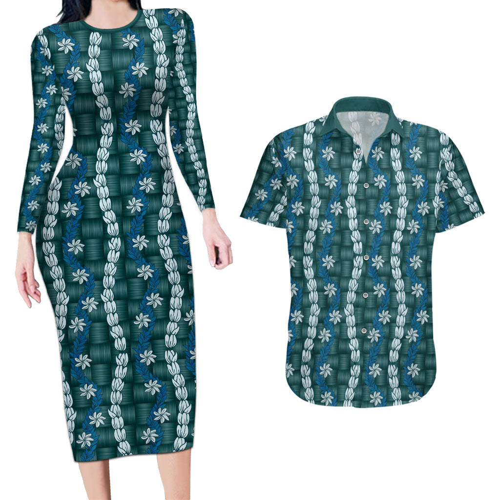 Pikake Maile Tiare Lei Couples Matching Long Sleeve Bodycon Dress and Hawaiian Shirt Polu Lauhala Pattern LT01 Blue - Polynesian Pride