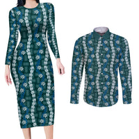 Pikake Maile Tiare Lei Couples Matching Long Sleeve Bodycon Dress and Long Sleeve Button Shirt Polu Lauhala Pattern