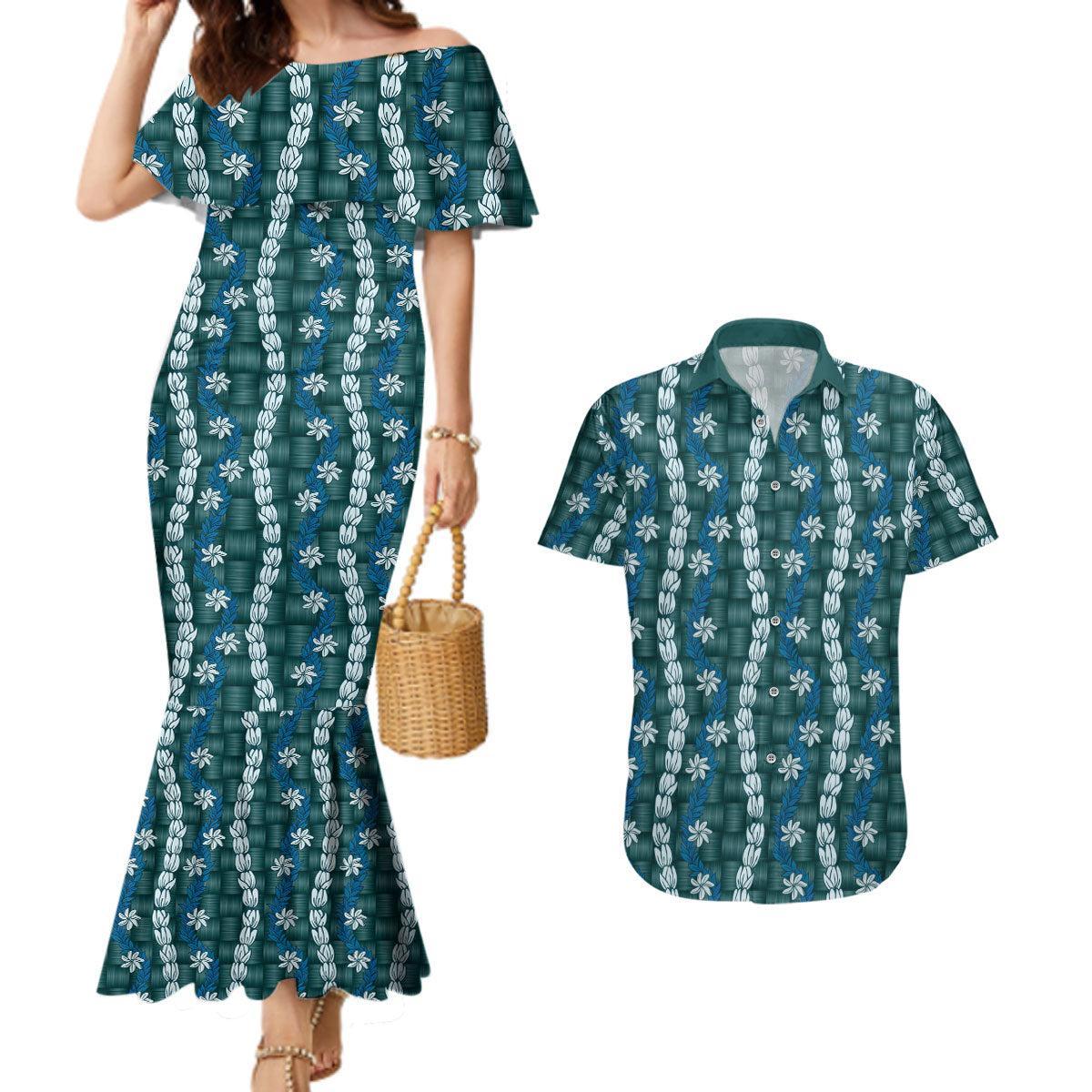 Pikake Maile Tiare Lei Couples Matching Mermaid Dress and Hawaiian Shirt Polu Lauhala Pattern LT01 Blue - Polynesian Pride