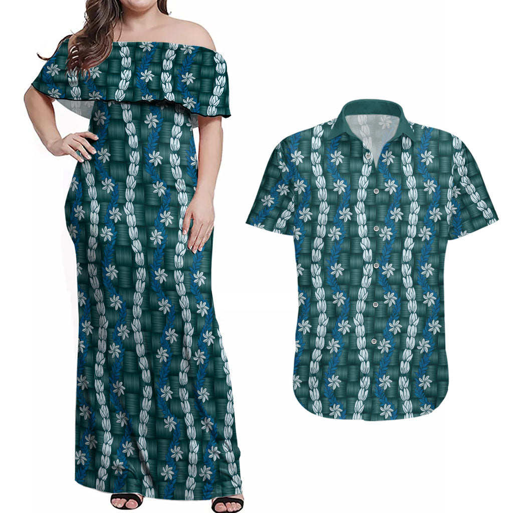 Pikake Maile Tiare Lei Couples Matching Off Shoulder Maxi Dress and Hawaiian Shirt Polu Lauhala Pattern