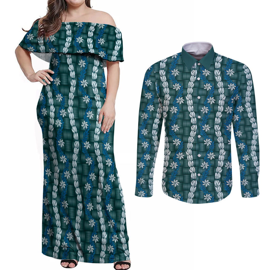 Pikake Maile Tiare Lei Couples Matching Off Shoulder Maxi Dress and Long Sleeve Button Shirt Polu Lauhala Pattern LT01 Blue - Polynesian Pride