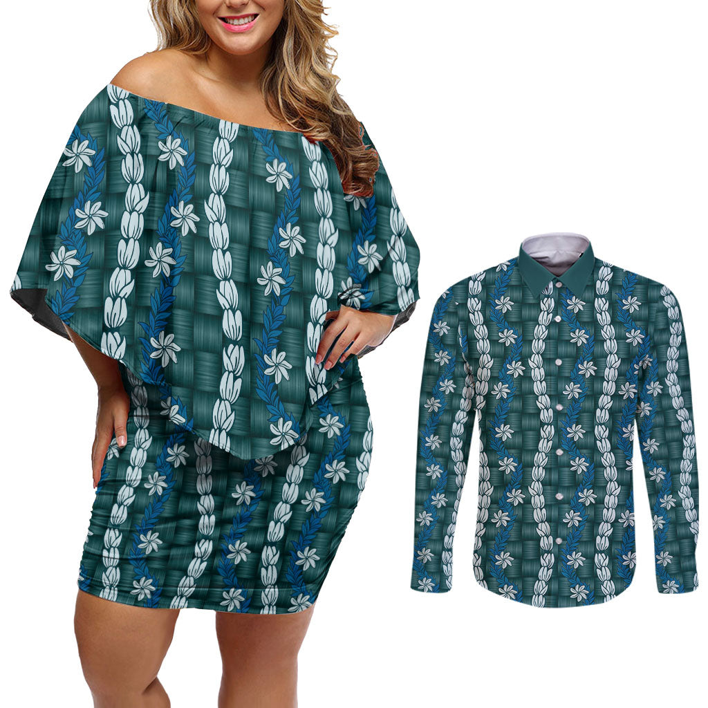 Pikake Maile Tiare Lei Couples Matching Off Shoulder Short Dress and Long Sleeve Button Shirt Polu Lauhala Pattern LT01 Blue - Polynesian Pride