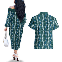 Pikake Maile Tiare Lei Couples Matching Off The Shoulder Long Sleeve Dress and Hawaiian Shirt Polu Lauhala Pattern