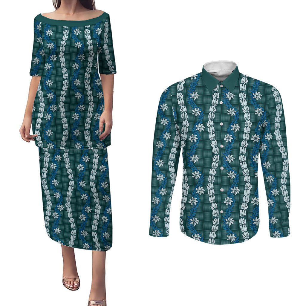 Pikake Maile Tiare Lei Couples Matching Puletasi and Long Sleeve Button Shirt Polu Lauhala Pattern